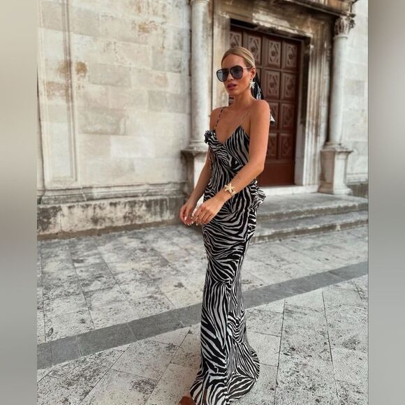 NWT ZARA RUFFLED LONG ANIMALβPRINT DRESS zebra satin maxi - Picture 5 of 16